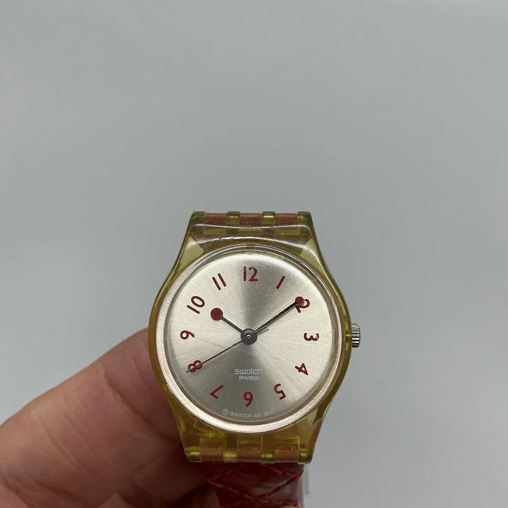 Vintage Swatch Womens Watch 25mm Silver Dial Yellow Case Red Leather Swiss